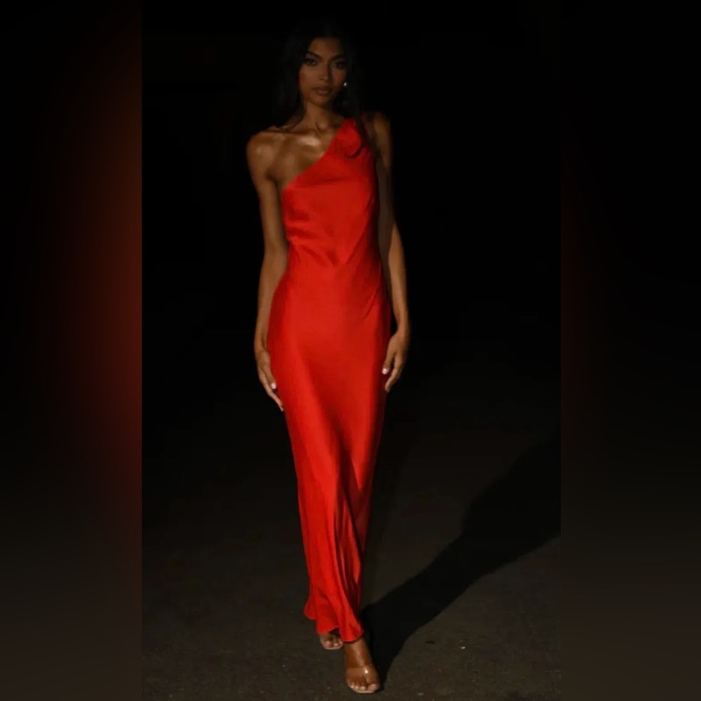 MESHKI: Alejandra One Shoulder Satin Maxi Dress. TAG Still on.
